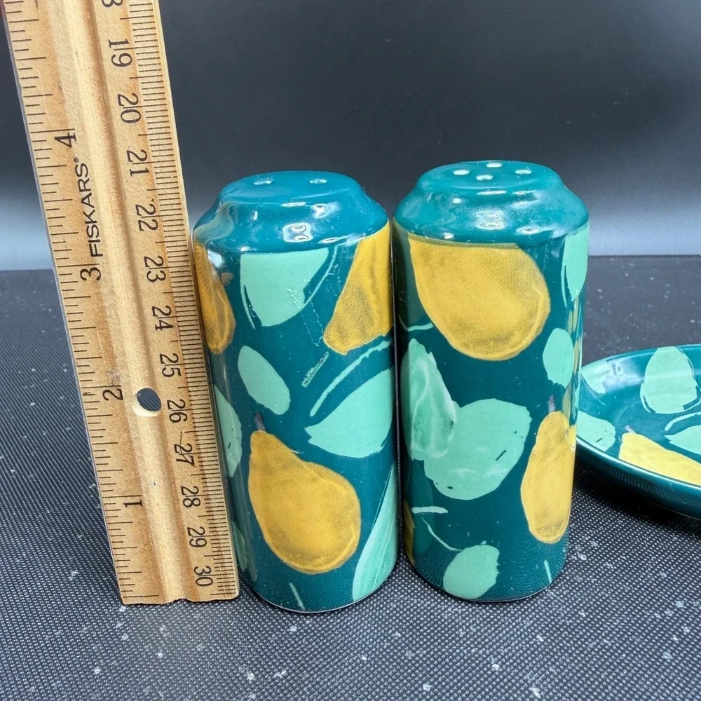 Anthropologie Pear Salt and Pepper Shakers with Tray Teal Green Yellow Ceramic